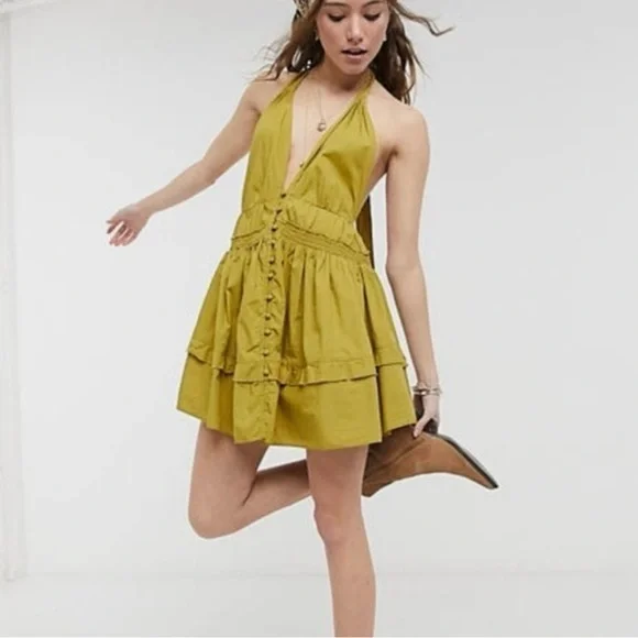Free People Halter Mustard Mini Dress - Picture 4 of 12